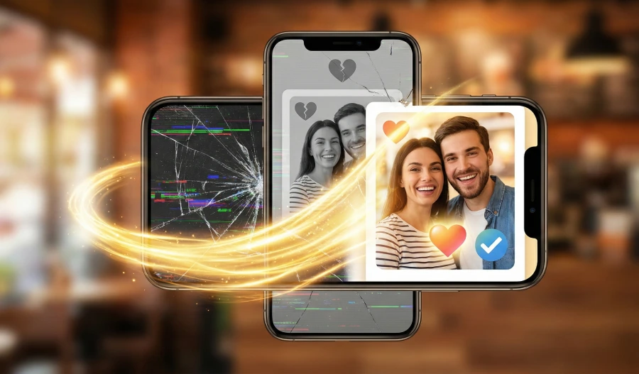 A stylized illustration showing glitching, broken smartphones with rejected dating profiles being transformed by a sweeping golden light into a pristine phone displaying a happy couple with a match confirmation, symbolizing a successful dating app algorithm reset.