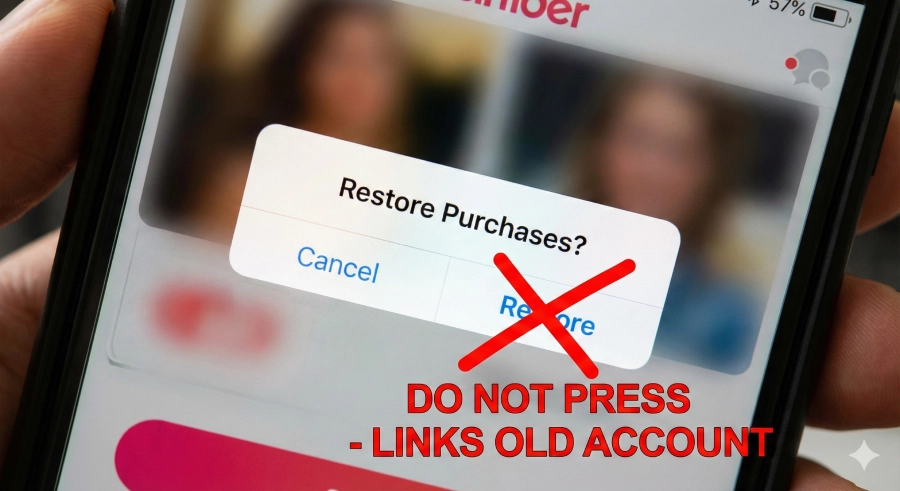A close-up of a smartphone screen displaying a "Restore Purchases" pop-up on a dating app, with a large red 'X' and a warning to not press it as it links to the old account.