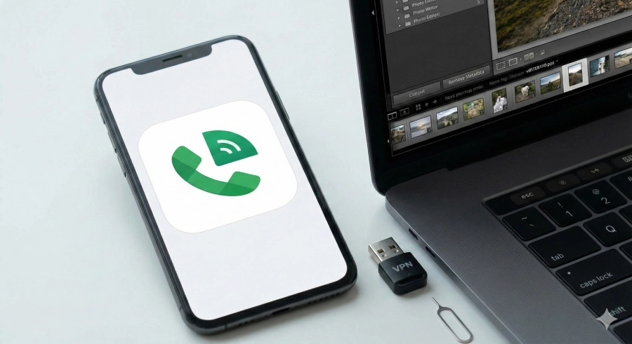 A still life of tech tools needed for a dating app reset, including a smartphone with the Google Voice app, a laptop with photo editing software for EXIF removal, a VPN USB dongle, and a SIM card ejector.