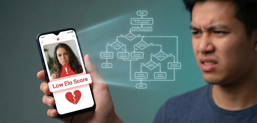 A frustrated user looking at a smartphone displaying a "Low Elo Score" warning, with a complex algorithm flowchart in the background.