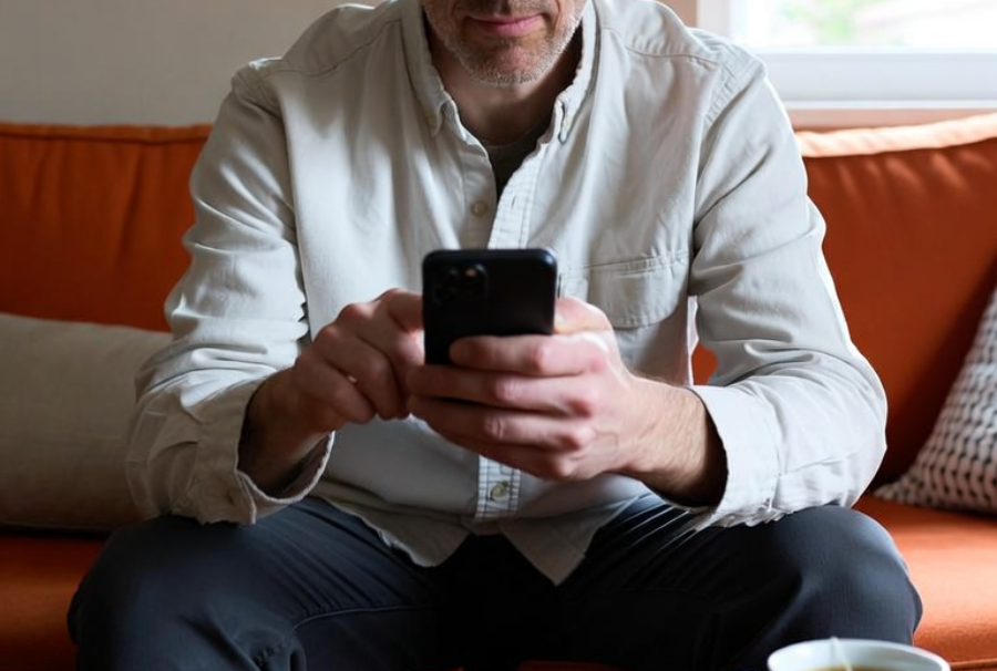 man swiping on his phone sitting on orange couch