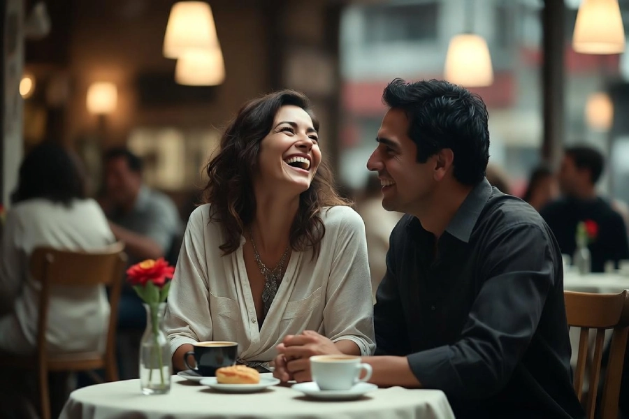 couple having coffee together looking joyful