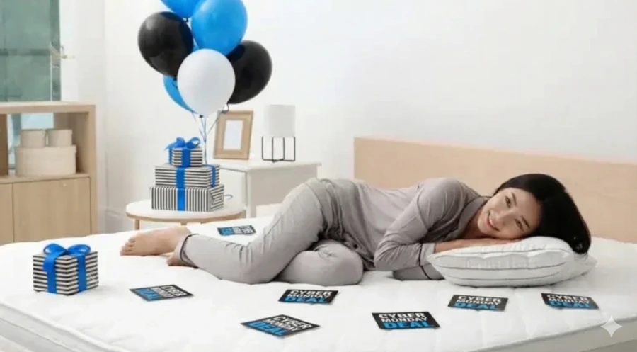Attractive asian lady lying on a comfortable mattress she got during Cyber Monday