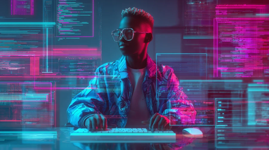 A confident young developer wearing glasses types on a keyboard while surrounded by glowing neon holographic code and app interfaces, symbolizing AI-driven speed and automation in software creation.