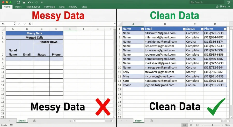 Side-by-side comparison of a messy Excel spreadsheet with merged cells and a clean spreadsheet with clear headers and organized data rows.