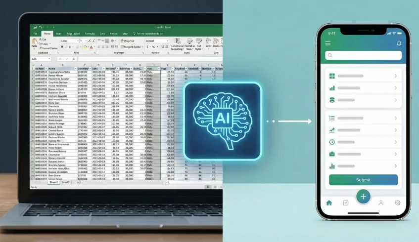 Conceptual illustration showing an Excel spreadsheet on a laptop screen transforming into a mobile app interface via a glowing AI brain icon.