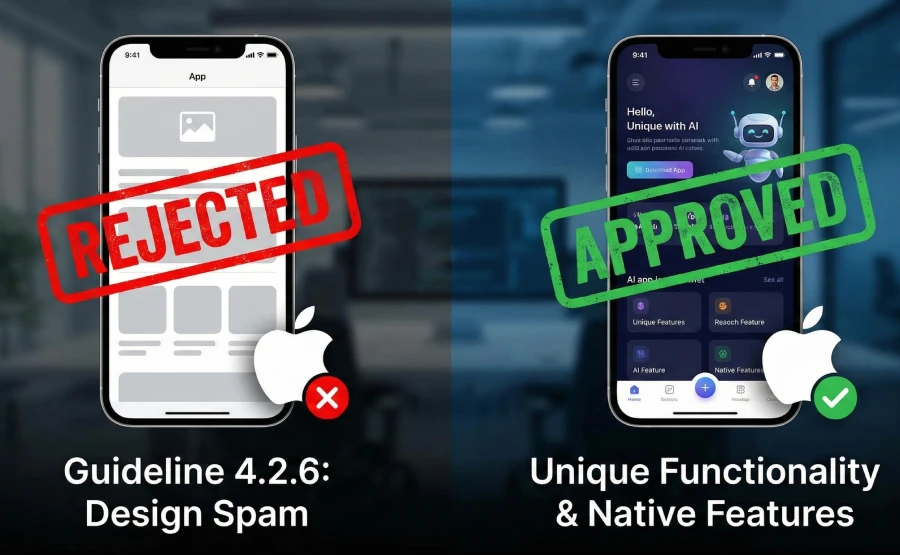Split-screen illustration showing a generic, templated app with a red "REJECTED" stamp and Guideline 4.2.6 text on the left, contrasted with a unique, feature-rich AI app with a green "APPROVED" stamp on the right.