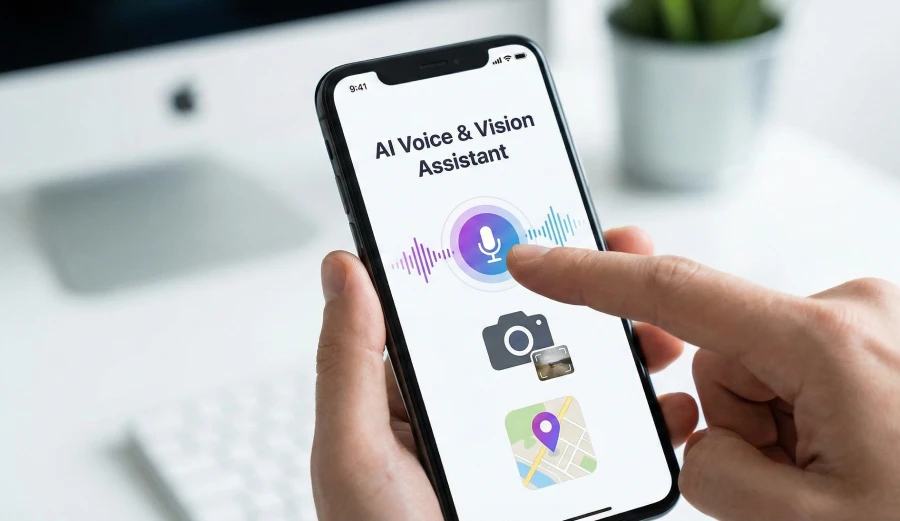A close-up photo of a person using a smartphone app that leverages native device capabilities, specifically showing icons and interactions for voice commands and camera integration.