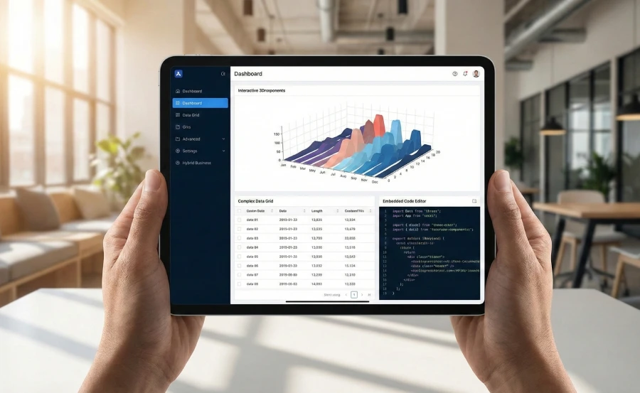 A person holding a tablet displaying a complex business dashboard application with an interactive 3D data visualization, a custom data grid, and an embedded code editor.