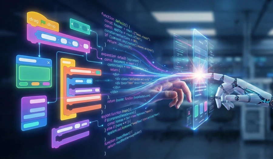 A conceptual illustration of hybrid development, showing visual UI blocks on the left transforming into raw code through a central AI processor, which then projects a holographic mobile application interface on the right.