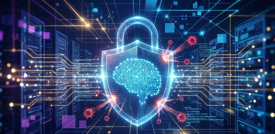 A conceptual illustration representing secure artificial intelligence. A stylized blue glowing padlock, containing a brain icon made of circuit patterns, acts as a shield repelling red virus-like particles. This takes place within a futuristic server room filled with glowing data lines and network racks.