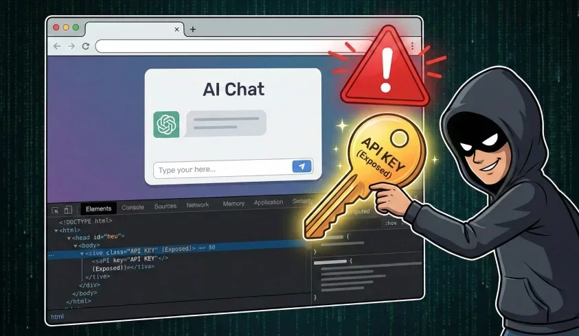 Cartoon illustration of a hacker figure accessing an exposed API key from the developer tools console of a web browser running an AI chat application.