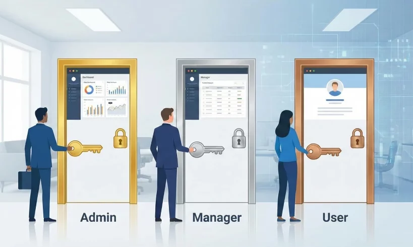 Visual metaphor for Role-Based Access Control (RBAC) showing three users with different keys unlocking doors to admin, manager, and user-level data dashboards.
