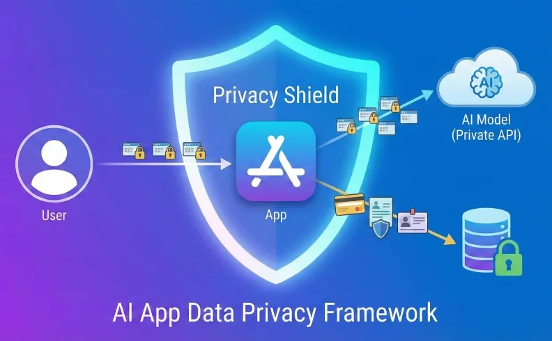Diagram illustrating the AI App Data Privacy Framework, showing user data flowing securely through an app with a privacy shield to a private AI model API and an encrypted database.