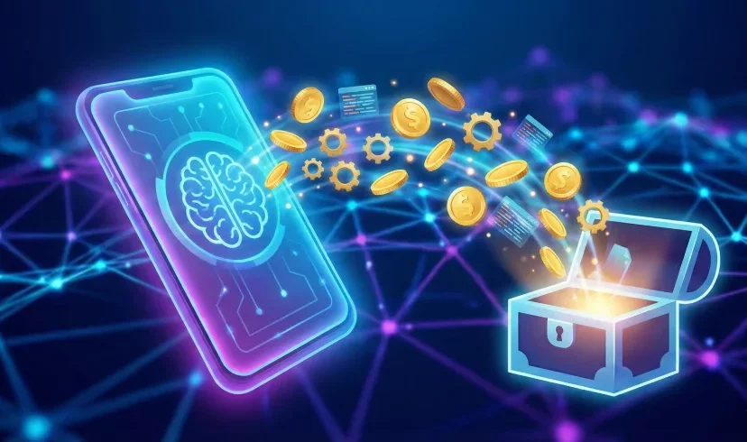 A conceptual illustration showing a futuristic smartphone with a glowing AI brain icon on the screen, generating a stream of gold coins, gears, and data packets flowing into an open treasure chest, symbolizing AI app monetization and revenue generation.