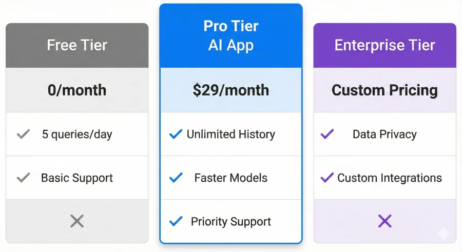 An example of a tiered subscription pricing table for an AI SaaS application, showing features for Free, Pro, and Enterprise plans.