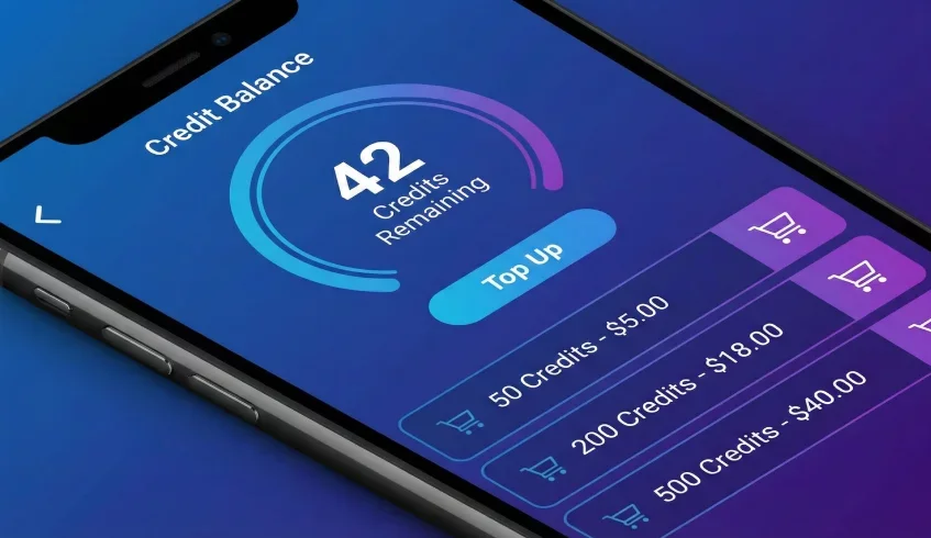 A mobile app screen displaying a credit balance and purchase options, illustrating a token-based monetization system for an AI application.