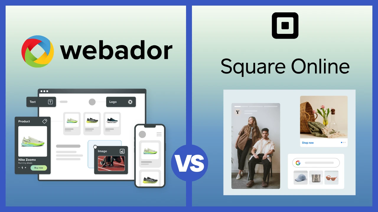 A split-screen comparison graphic showing Webador's drag-and-drop website editor and multi-device view on the left, versus Square Online's clean, modular storefront on the right.