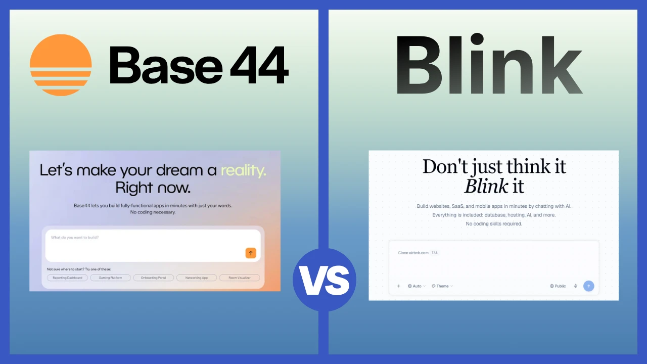 A comparison graphic featuring the Base44 logo and its "vibe coding" prompt interface on the left, pitted against the Blink logo and its "Don't just think it, Blink it" AI chat-to-app interface on the right.