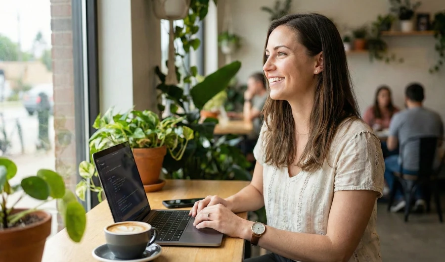 A professional woman smiling while working on a laptop in a sunny coffee shop, illustrating the relaxed and productive 