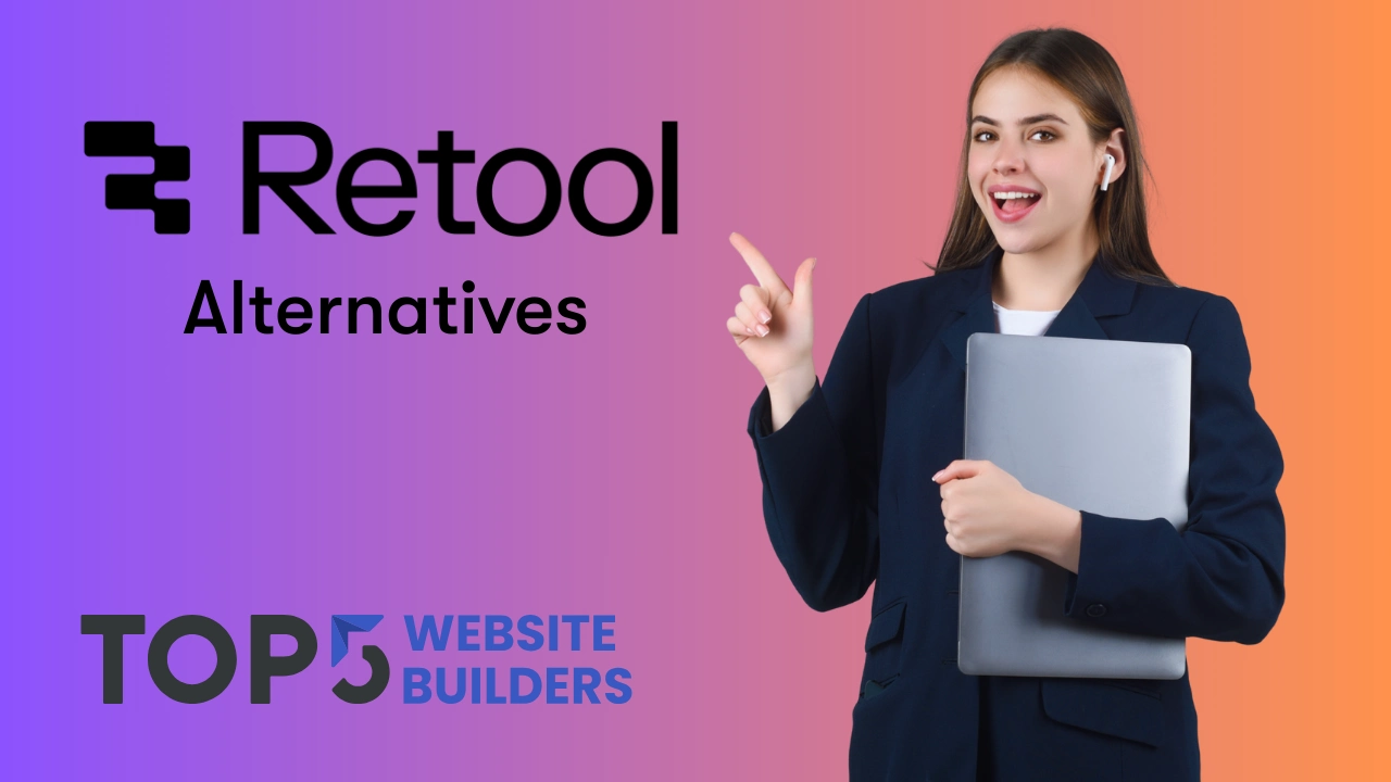 Retool Alternatives article thumbnail featuring a smiling professional woman pointing to the headline text on a purple and orange gradient background.