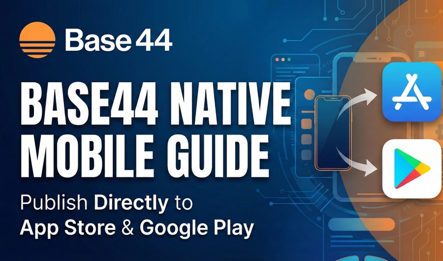 Blog post thumbnail titled "Base44 Native Mobile Guide". The graphic features the Base44 logo and illustrates a direct workflow from a mobile phone interface to the Apple App Store and Google Play Store icons.