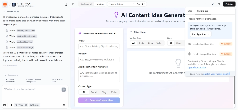 Screenshot of the Base44 Publish menu showing the new "Mobile app" tab. The interface displays the "Run App Scan" button and the "Create App Store files" and "Create Google Play files" options, which are locked behind the "Builder+" plan upgrade.