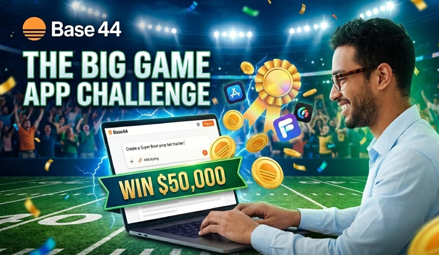 A smiling man wearing glasses and a light blue shirt types on a laptop in a stadium setting. The screen displays a "Base 44" interface with the prompt "Create a Super Bowl prop bet tracker". Above him is the text "THE BIG GAME APP CHALLENGE." and a banner that reads "WIN $50,000". Floating around the laptop are gold coins, app store icons, and a gold prize ribbon, with a large crowd and confetti in the background.