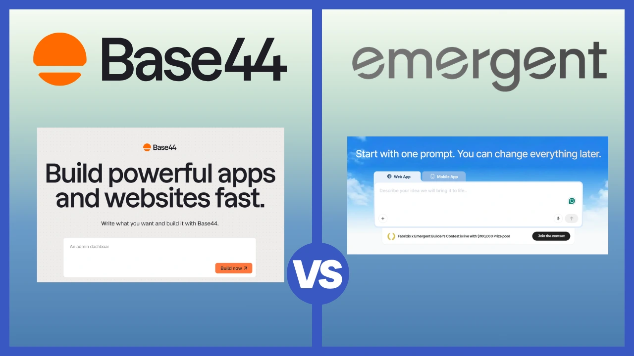 A side-by-side comparison of the Base44 vs Emergent AI app builders, showing the Base44 interface next to the Emergent dark mode chat interface for generating functional apps through conversation.