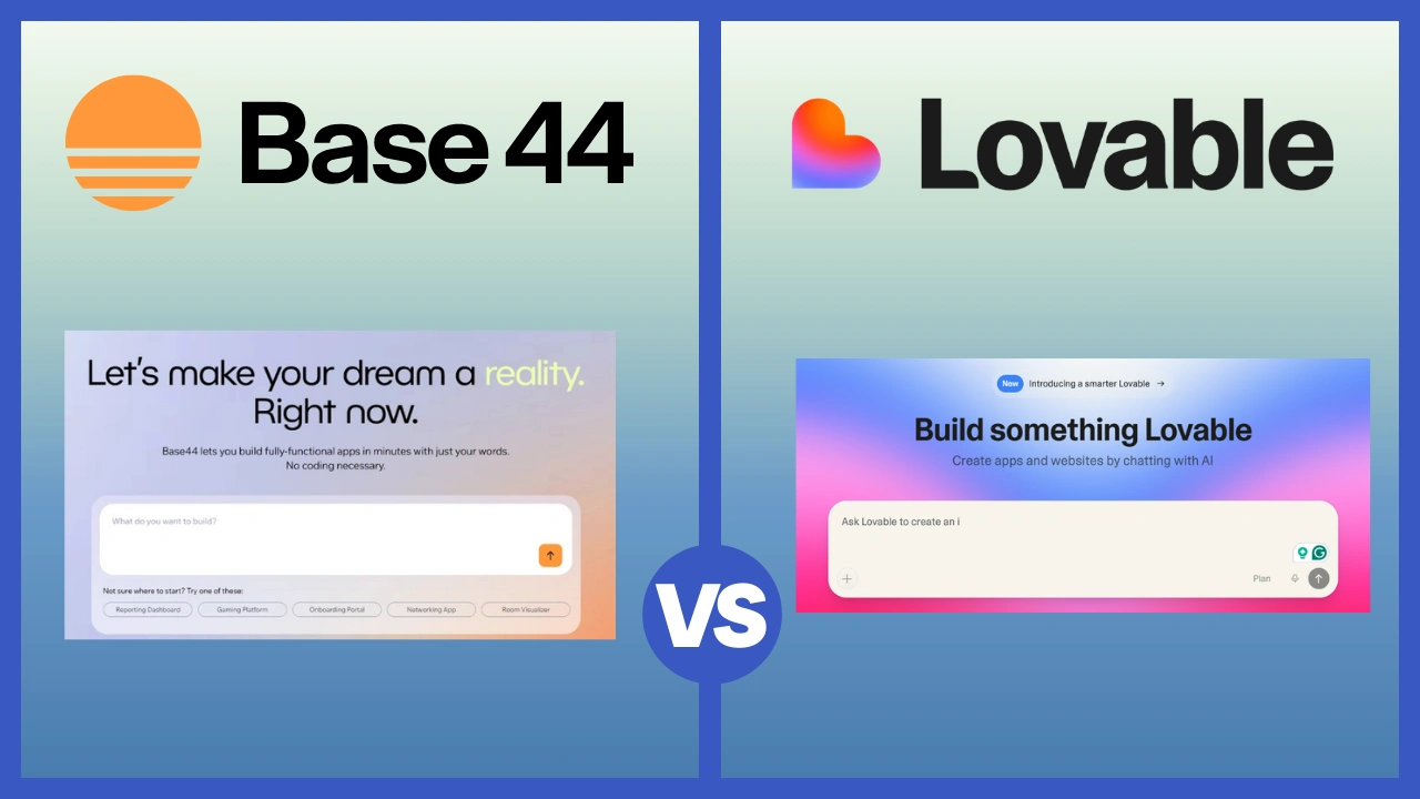 A side-by-side comparison of the Base44 vs Lovable AI app builders, featuring both platform logos and their initial chat prompt interfaces for generating no-code applications.