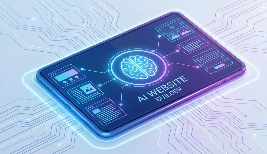 A futuristic digital illustration of a screen displaying an AI website builder concept. A central glowing brain icon connects via circuit lines to various website components like text blocks and image placeholders, surrounded by neon blue and purple hues.
