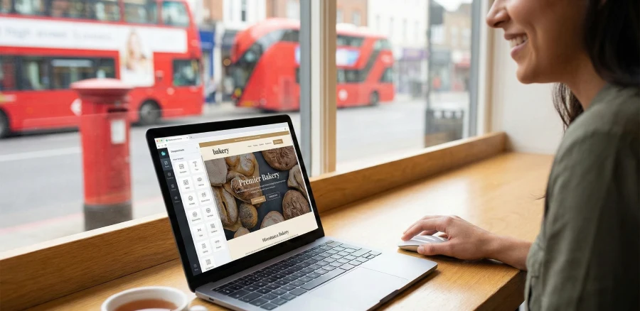 A smiling woman sitting by a cafe window, using a laptop to design a bakery website with a drag-and-drop website builder interface. A red double-decker bus is passing by on the street outside.
