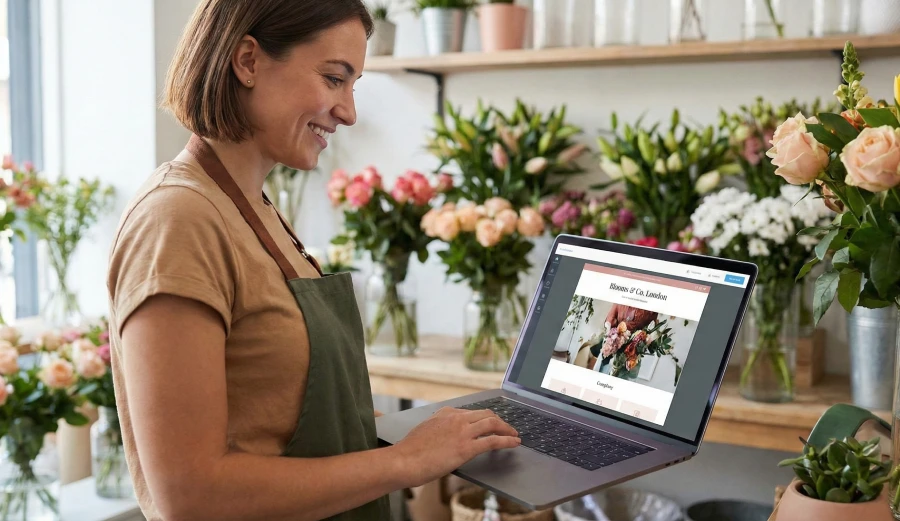 A smiling female florist wearing an apron in her flower shop, using a laptop to design a website for her business, Blooms & Co. London, using an online website builder platform.