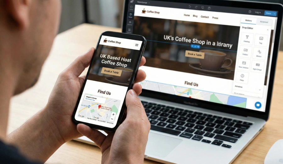 A close-up of a person holding a smartphone displaying a mobile-optimised website for a UK coffee shop, with a laptop showing the desktop website builder interface in the background.