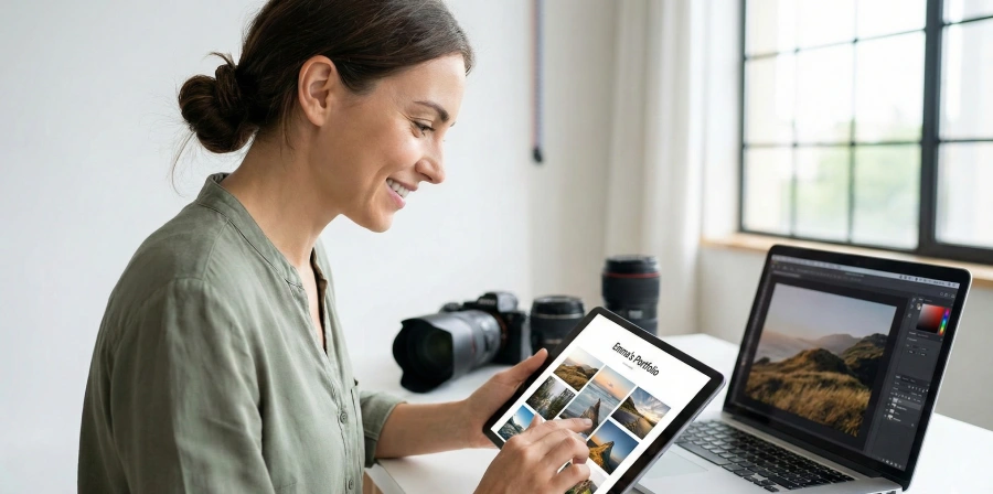A female photographer smiling while viewing her newly created free photography portfolio website on a tablet, with camera gear in the background.