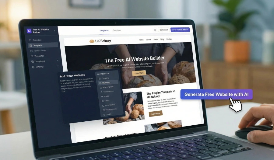 A close-up view of a laptop screen displaying a free AI website builder interface automatically generating a website template for a UK bakery business.