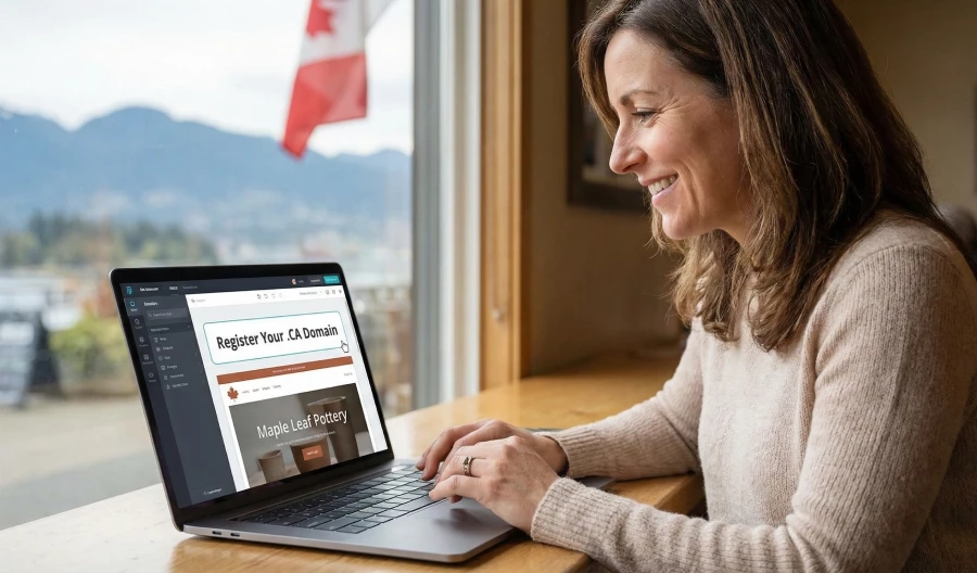 A smiling Canadian small business owner sitting by a window with a Canadian flag in the background, using a laptop to build a website and register a .CA domain for her pottery business.