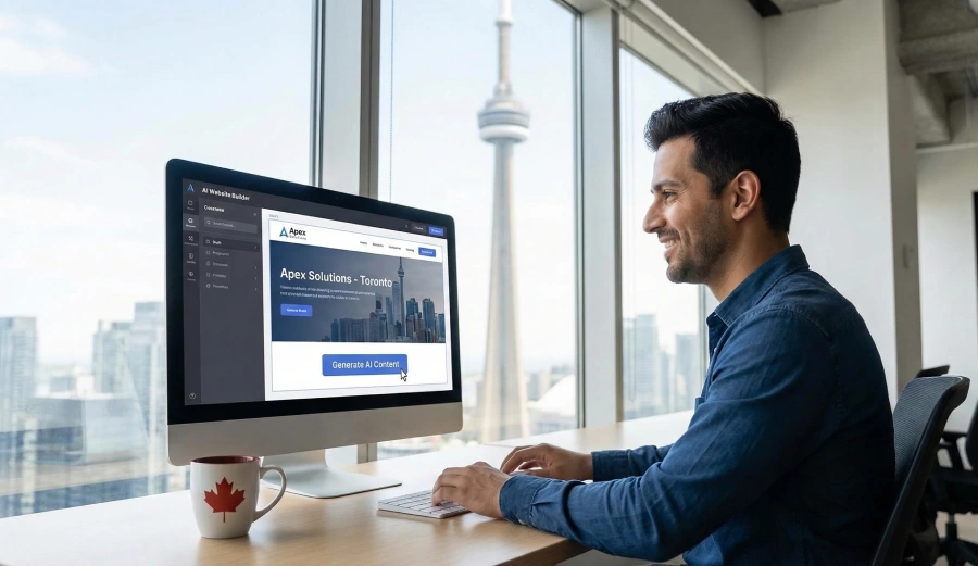 A smiling man in a modern office overlooking the Toronto skyline and CN Tower, using an AI website builder on a desktop computer to generate content for his local business. A mug with a red maple leaf sits on the desk.