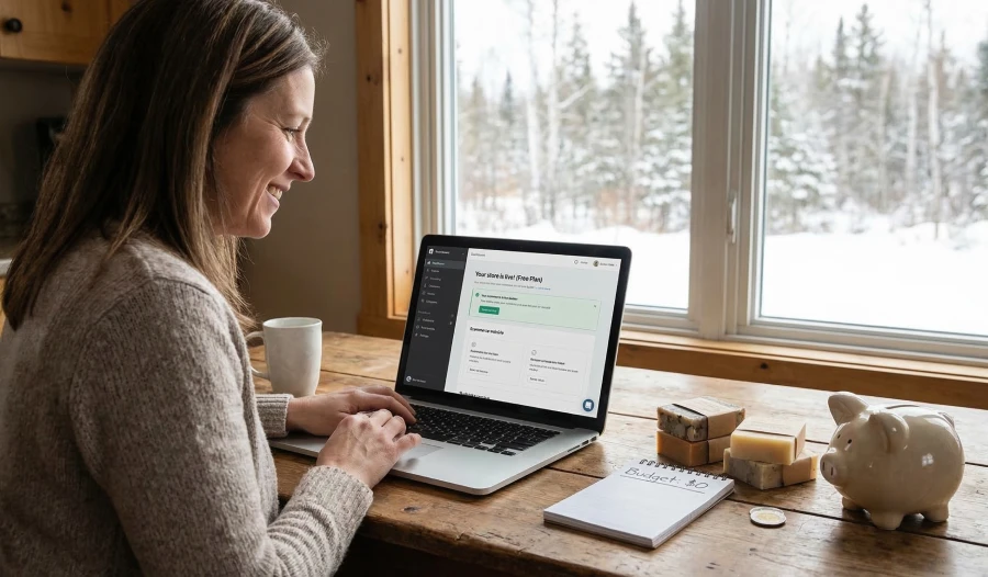 A small business owner in rural Canada is launching her free ecommerce website on a laptop, with a piggy bank and a Canadian Toonie on the table to emphasize the 