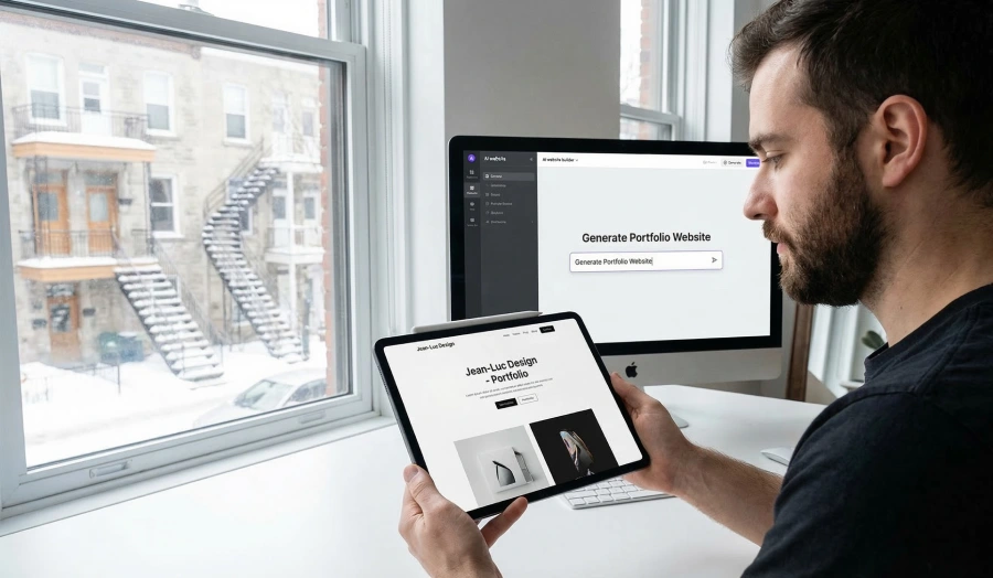 A male graphic designer in a Montreal studio is using a tablet to view his new free portfolio website, which was generated by an AI builder on his desktop computer.