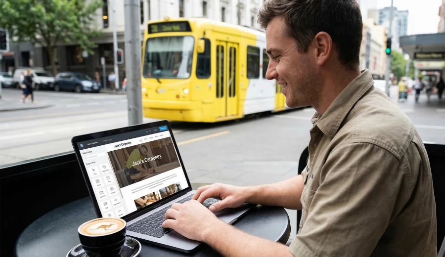 A carpenter, a man in his late 20s, smiling as he builds a business website on his laptop at a Melbourne cafe with a tram in the background.