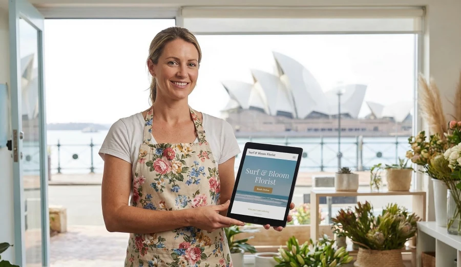 A female florist, a small business owner in Sydney, proudly showing her new website on a tablet in her flower shop with the Opera House visible outside.