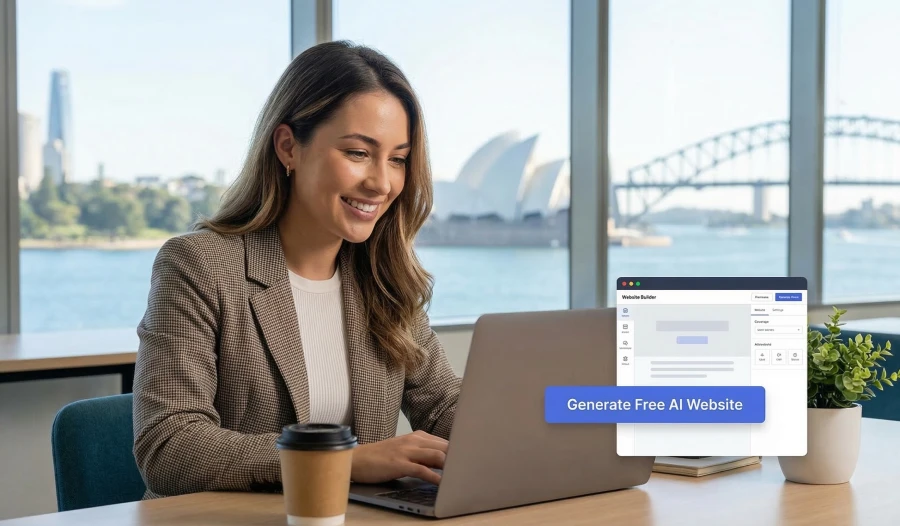 A young professional woman in a Sydney office with the Opera House in the background, using a laptop to generate a free AI website.