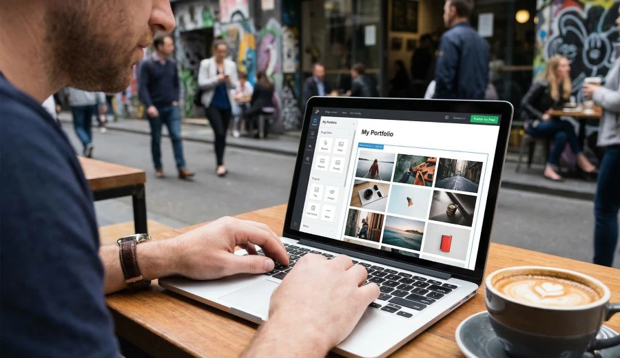 A close-up of a male creative professional in a Melbourne laneway cafe, using a drag-and-drop editor on his laptop to build a free portfolio website.