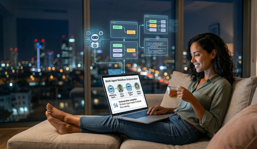 A young woman relaxing on a couch at home, using a laptop, with augmented reality visualizations appearing in the air above it. She is on a beige sofa, wearing a light green shirt and jeans, barefoot, holding a cup of tea, and smiling as she works. From the laptop, a glowing blue augmented reality interface is projected, illustrating the concept of 