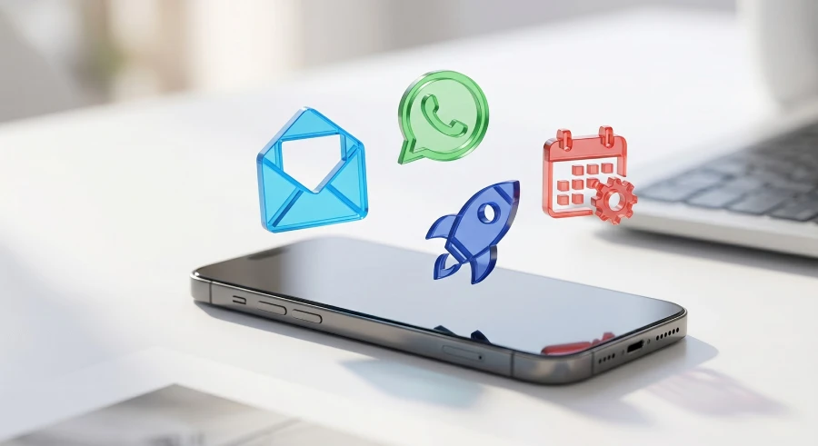 Digital icons for email, calendar, and messaging apps floating above a smartphone, symbolizing an AI agent automating multiple communication channels.