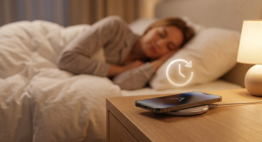 A smartphone charging on a nightstand while a person sleeps in the background, representing an autonomous AI agent working 24/7.