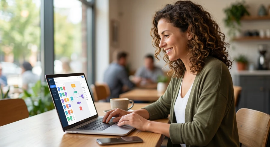 A casual entrepreneur smiling while building a mobile app on a laptop using a no-code AI app builder in a bright coffee shop.