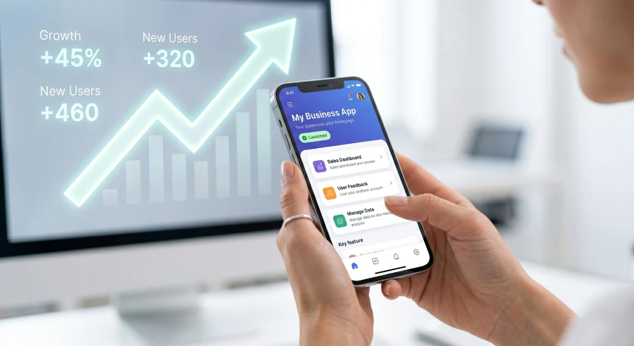 Close-up of a person's hands holding a smartphone with a launched app homepage, symbolizing business growth achieved through an AI app builder.