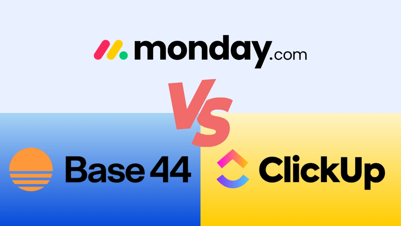 Minimalist software comparison graphic divided into three colored sections meeting at a central coral-pink "Vs" text emblem. The top section features a light background with the monday.com logo. The bottom-left section features a blue gradient background with the Base 44 logo. The bottom-right section features a yellow gradient background with the ClickUp logo.
